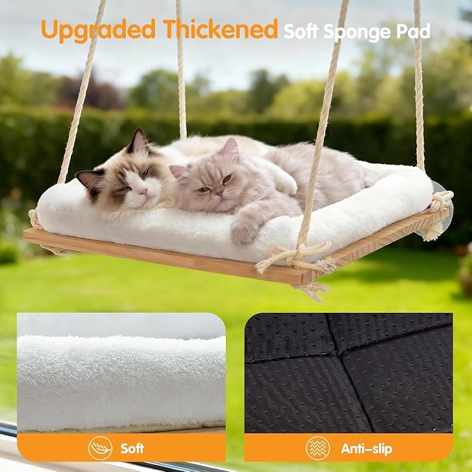 Large Cat Window Perch Hammock, Solid Wood Seat & Plush Cushion | 4 heavy-duty suction cups, sturdy wooden perch for XL & large cats, comfortable indoor window cat bed & hammock - Image 6