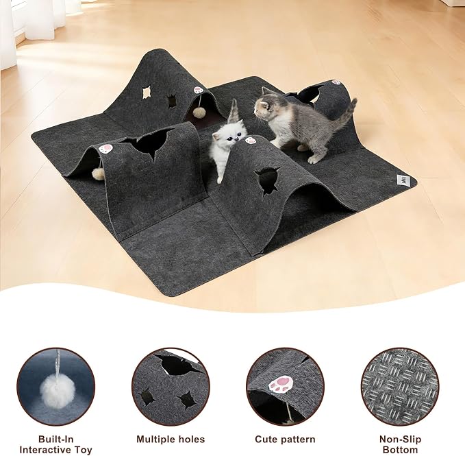 35.4" Cat Tunnels for Indoor Cats, Multi-Entrance Cat Toys, Grey | 4 Way Felt Interactive Pet Toy with Hidden Ball, Enrichment Activity Rug, Collapsible Cave for Kittens & Small Pets - Image 5