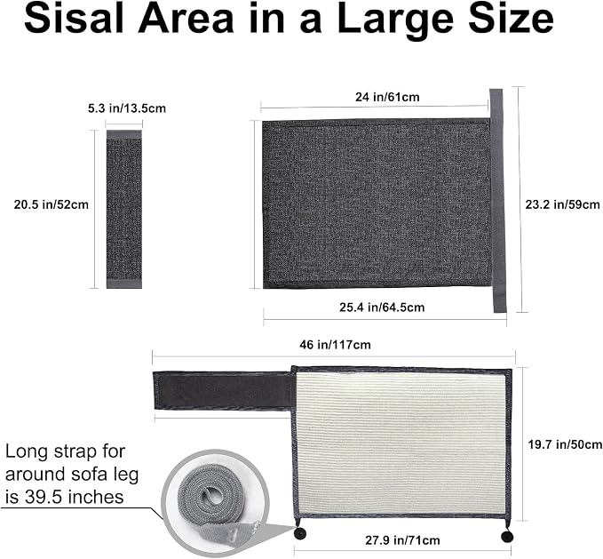 Upgraded Cat Scratch Furniture Couch Protector with 27.6’‘L*19.6’‘W Natural Sisal for Protecting Large Area Couch Sofa Chair,Couch Protector from Cat Claws(Dark Grey/Left Handed) - Image 2