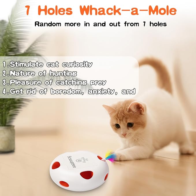 Cat Toys, Rechargeable Interactive Cat Toy, Smart Sensor Pop-Up Feather Toy with 7 Holes, USB Powered Automatic Kitten Toy for Indoor Cats, White | Smart Sensor Pop-Up Feather Toy with 7 Holes USB Powered Automatic Kitten Toy for Indoor Cats - Image 4