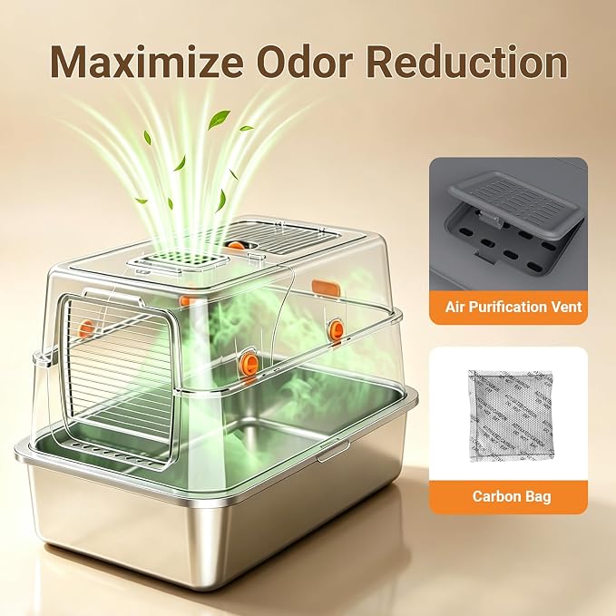 Enclosed Stainless Steel Litter Box, XL Covered MetalPan Includes Mat Scoop | Easy Cleaning Anti-Urine Leakage Non-Sticky Front Entry Top Exit - Image 3