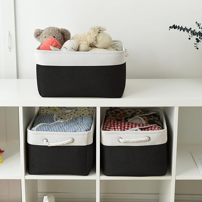 TheWarmHome Storage Bins for Shelves - 1 Pack 15.7x11.8x8.3 inch Canvas Storage Basket for Organizing Cubes Gift Dog Cloth Toy (White & Black) - Image 4