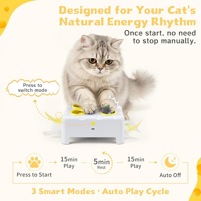 Interactive Cat Feather Toy Cheese Box 3in1 Whack a Mole | 3 Play Modes, Paw-Safe 4 Hole Whack-a-Mole, Anti-Slip Base, 4 Interchangeable Accessories, USB Rechargeable Auto Cat Toy - Image 4