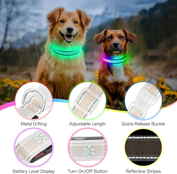 Flashseen Light up Collars for Dogs at Night, RGB 9-Mode, USB Rechargeable | Color Changing LED Lighted Dog Collar, Super Bright Adjustable Glow Collar for Night Walking (Soft Pink, Large) - Image 4