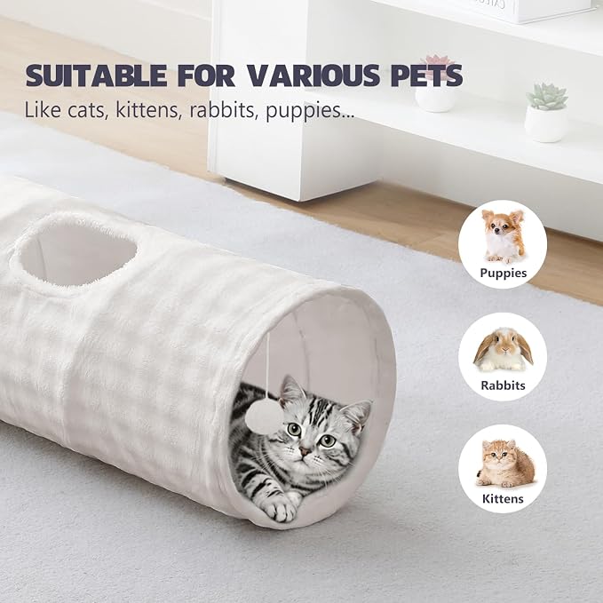 Straight Bubble Cat Tunnel for Indoor Cats 47"x12", Cream White | Cute Cat Toys, Collapsible Tunnel Tube with Hanging Balls for Puppy Kitten Rabbit - Image 3