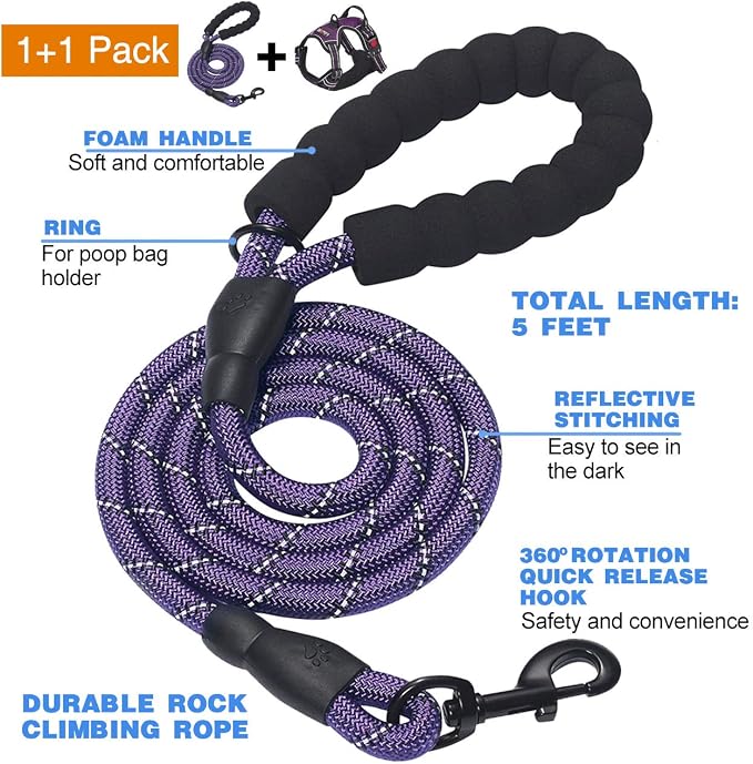 tobeDRI No Pull Dog Harness Adjustable Reflective Oxford Easy Control Medium Large Dog Harness with A Free Heavy Duty 5ft Dog Leash, Purple, L - Image 2