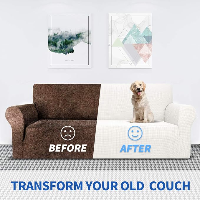 MAXIJIN Super Stretch Couch Cover for 3 Cushion Couch, 1-Piece Universal Sofa Covers Living Room Jacquard Spandex Furniture Protector Dogs Pet Friendly Fitted (Large, White) - Image 5