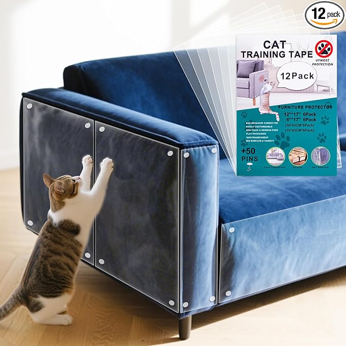 Cat Scratch Furniture Protector, 12-Pack Couch Protector from Cat Claws, Cat Couch Protector Single-Sided Furniture Protectors from Cats Scratching for Sofa Corners Walls Doors(with 50 Twist Pins) by Henyopet