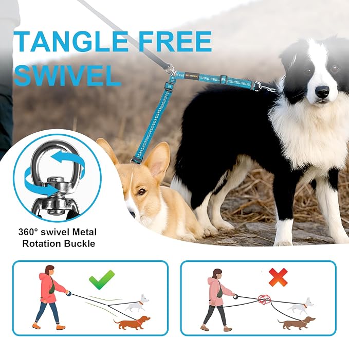 MingXpet Double Dog Leash for Two Dogs, No Pull Dog Leash, 360° Swivel No Tangle for Large Dogs Walking & Training, Shock Absorbing Reflective Bungee, Blue - Image 4