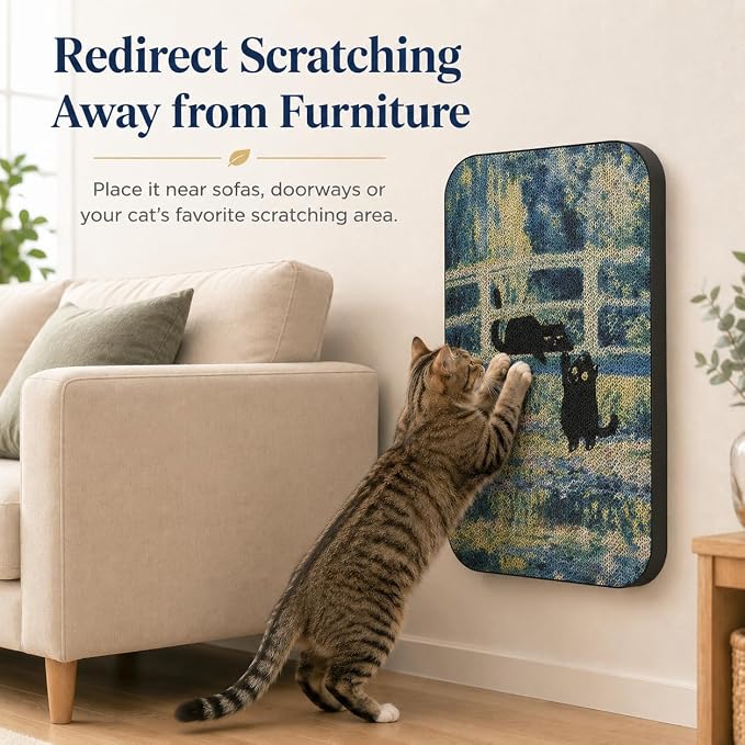Cat Wall Scratcher, Art Cat Scratching Board for Indoor Cats | Wall Mounted Cat Scratch Pad, Water-Based Ink, Hook&Loop Strips, Floor or Wall Use, 16.7x11x1 Inch, Lily Pond Bridge - Image 3