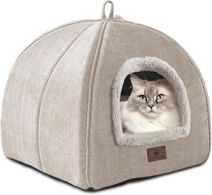 WINDRACING Cat Bed for Indoor Cats - Cat Cave Cat House Cats Tent with Removable Washable Cushioned Pillow, Soft and Self Kitten beds (Large, Beige) by WINDRACING