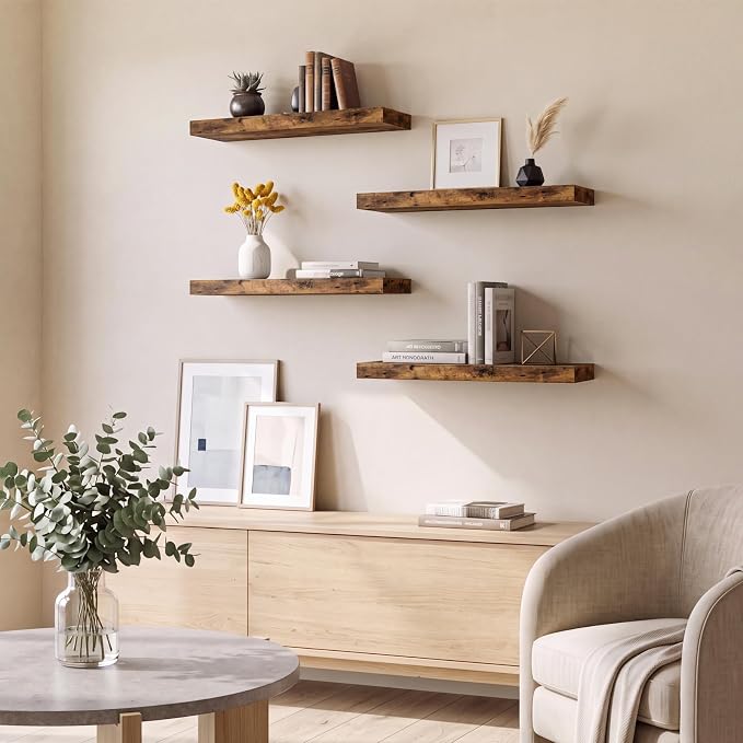 Fixwal Floating Shelves for Wall Decor (Rustic Brown, Set of 4, 15.7 Inch) | MDF Shelves with Metal Brackets, Space Saving for Books, Decor, Works in Bathroom, Kitchen, Living Room, Bedroom - Image 6