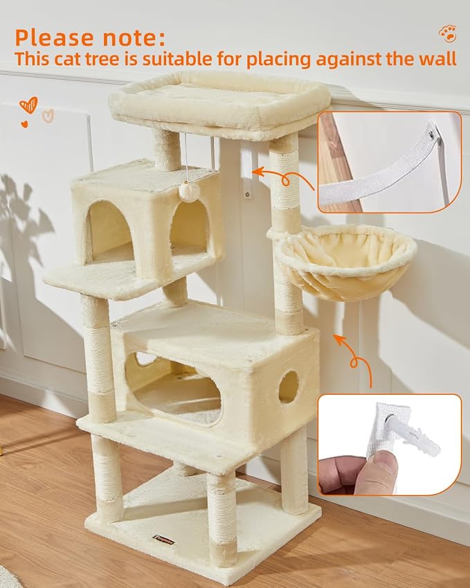 Taoqimiao Cat Tree, 49In Cat Tower for Indoor Cats Large Adult | 2 Luxurious Cat Condos, Thick Padded Top Perch, Adjustable Hanging Baskets, 5 Scratching Sisal Posts, Beige MS029LM - Image 8