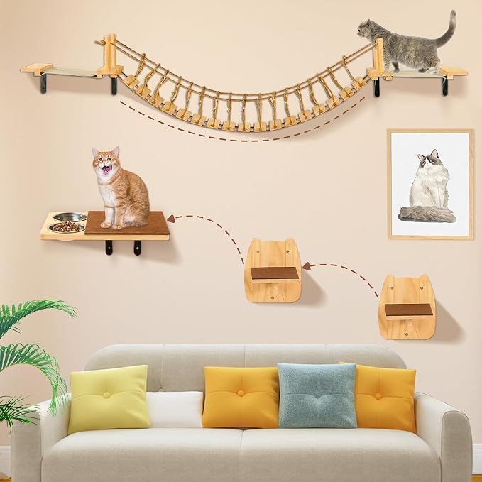 Calmbee Cat Wall Shelves, Cat Wall Furniture 70" Cat Bridge Wall Mount Cat Perch Wooden Hammock Cat Tree Cat Climber Cat Cloud Shelf Board Cats Bed - Image 5
