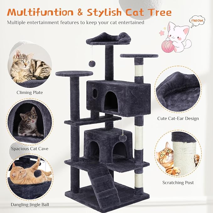 Sweetcrispy 54 Inch Cat Tree Tower with Scratching Post, Indoor Use | Multi-Level Cat Tower with Condo with Climbing Ladder, Plush Toy, Play House for Kittens, Dark Grey - Image 3