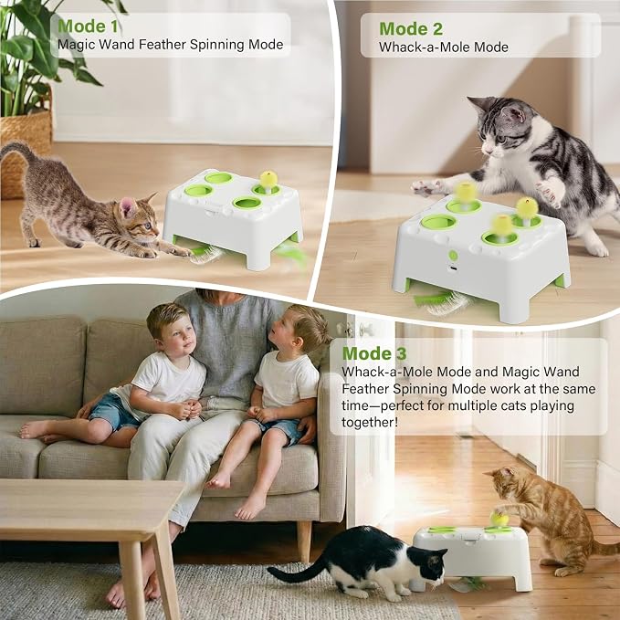 Cat Interactive Automatic Toys, Magic House Whack-a-Mole Toy | Rechargeable Stimulating Feather Kitten Toys, 3 Play Modes, 4 Holes Design, 4 Replacement Accessories - Image 2