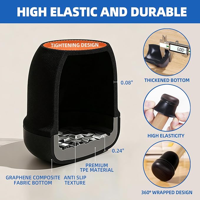 Small Black Chair Leg Caps for Carpet Tile, Pet Hair Resistant, Fit 0.8"-1" | Chair Leg Floor Protectors for Hardwood Floors, Furniture Feet Covers with Graphene Fabric Bottom, Reduce Noise-16PCS - Image 5