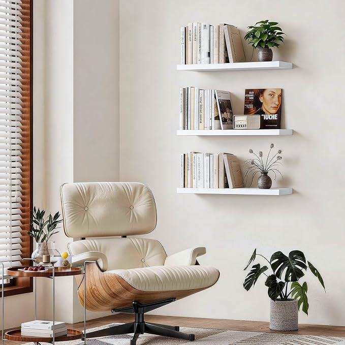 BAYKA White Floating Shelves 22.5in, Set of 3, Wall Mounted for Wall Decor | Easy Install, 22lbs Max Load, Hidden Bracket, Hanging Shelf for Bathroom Bedroom Kitchen Storage Decor, Multi-Wall Compatible - Image 2