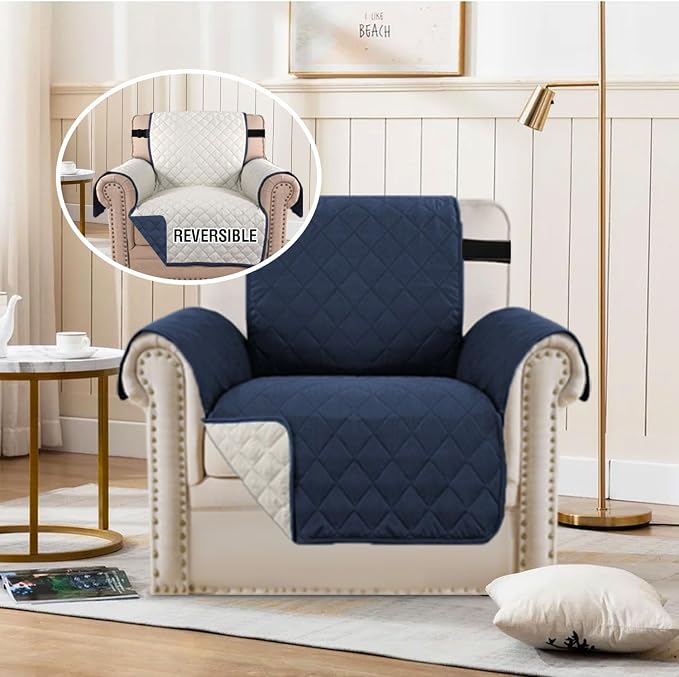 H.VERSAILTEX Reversible Chair Cover for Dogs Pet Water Repellent Sofa Cover Chair Slipcover 2" Thick Strap Slip-Resistant Chair Protector Soft Quilted Seat Width Up to 21"(Armchair, Navy/Beige) - Image 3