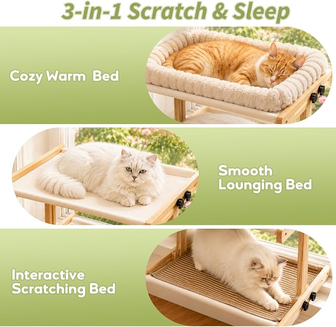 Teabelle Double Layer Cat Window Perch with 3 Interchangeable Mats | Bedside Sleeper, Adjustable Solid Wood Tree Cat Hammock for Small & Medium Breeds, Sturdy Window Bed(Plush, Sisal, Canvas) - Image 3