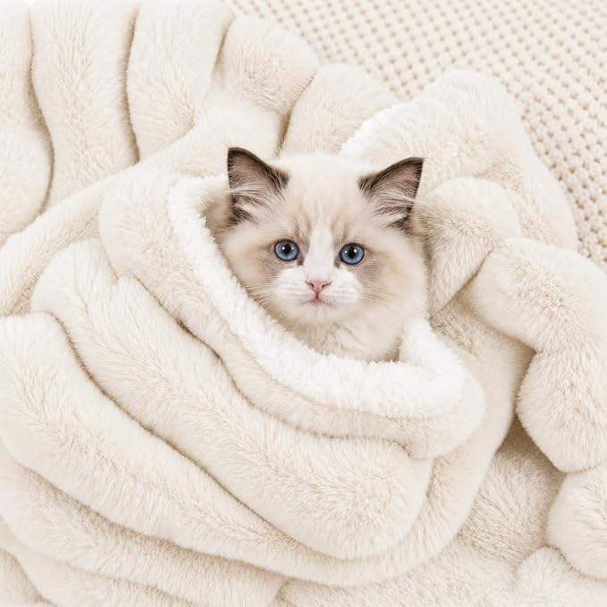 Cat Blanket for Indoor Cats, Soft Rabbit Fur Kitten Blanket 21x17 White | Nodarko Double-Sided 600GSM Rabbit Fur & Soft Fleece Cat Blanket, Washable Pet Blanket for Couch, Cat Bed & Window Perch by NODARKO