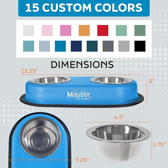 Master Pet Supply Double Dog Bowls Set with Elevated Base Mango Tango | 2 - (8 oz) Stainless Steel Removable Dishes Double Cat Food Water Bowl, Dog Puppy Food Bowl Set, Rust Resistant, Raised Dish - Image 5