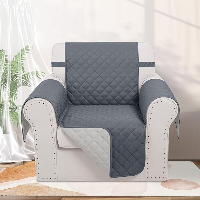 Reversible Recliner Chair Covers, 23" Chair, Dark Blue/Grey | Chair Covers for Living Room with Elastic Straps, Water Repellent, Chair Protectors Covers for Dogs - Image 2