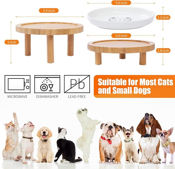Lusifaco Shallow Wide Elevated Cat Bowls Whisker Fatigue (White, Set of 2) | 5.9 Inch 2 Height Raised Ceramic Cat Dishes with Bamboo Stand, Flat Pet Water Food Plates Feeding Station for Indoor Kitten - Image 3