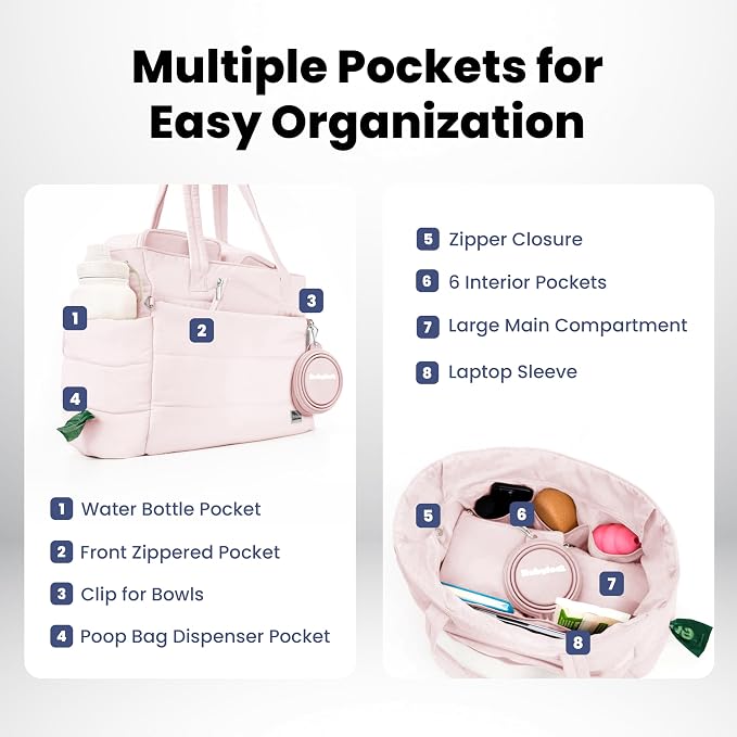 Rubyloo Puffer Dog Travel Bag for Dog Moms, Diaper Bag with Travel Bowls | 2 BPA-Free Collapsible Bowls, 2 Pet Food Containers, 9 Pockets, Everyday Puffer Bag Works With or Without Your Dog, Soft Pink - Image 4