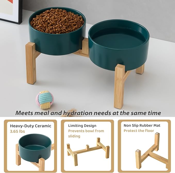Raised Ceramic Dog Bowl Set - Elevated Dog Bowls with Non Slip Bamboo Stand, Food and Water Bowl Set for Small and Medium Breed Dogs, Pet Bowls, Weighted Dogs Dishes (6'', 2 * 30OZ, Green) - Image 5