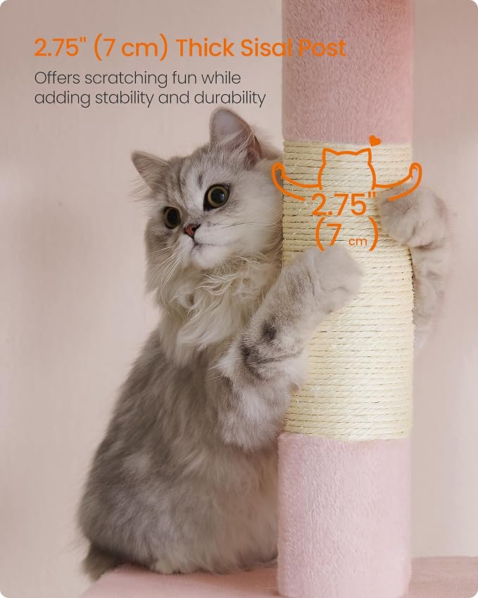 Feandrea Cat Tree, 33.1-Inch Cat Tower, Plush Condo for Large Cats up to 16 lb, Large Perch, 2 Caves, Scratching Post, Jelly Pink UPCT061P01 - Image 5