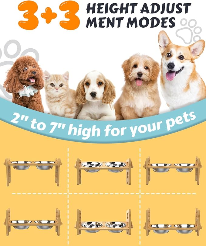 Jovrun Elevated Dog Bowls, Adjustable Raised Dog Bowl Stand for Small Size Dogs and Cats, 15°Tilted Elevated Cat Bowls, Durable Bamboo Dogs Feeder with 2 Stainless Steel Bowls and Non-Slip Feet - Image 2