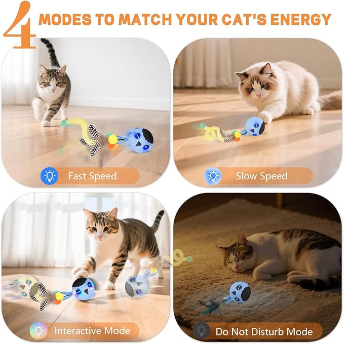Cat Ball Toy, Upgraded Smart Motion Sensor Moving Ball with 3 Speed Modes & 4 Sounds, Interactive Toy for Indoor Cats, Motion Activated, Chirping Light, 2 Feather Tails(Blue) - Image 2