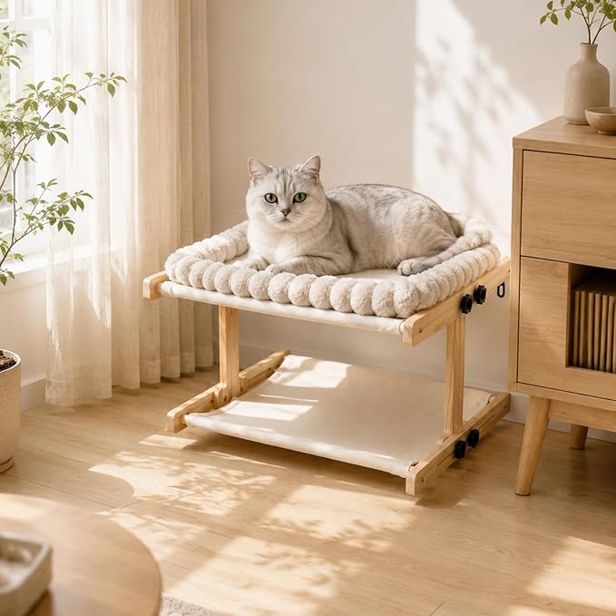 Teabelle Double Layer Cat Window Perch with 3 Interchangeable Mats | Bedside Sleeper, Adjustable Solid Wood Tree Cat Hammock for Small & Medium Breeds, Sturdy Window Bed(Plush, Sisal, Canvas) - Image 8