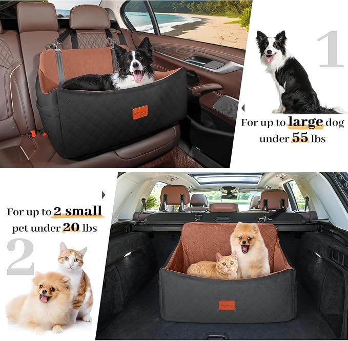 Wooaidagg Dog Car Seat for Medium & Large Dogs Up to 55lbs, Memory Foam Cushion, Washable Cover, Safety Straps & Non-Slip Bottom(Black/Brown,Large) - Image 5