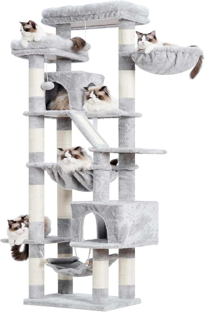 Heybly Cat Tree, 71-Inch-Tall Tower for Indoor Cats with 2 Perches HCT034W | Large Cat Furniture with 2 Big Condos, 2 Hammocks, Basket, Scratching Pad, Multi-Level Cat Condo, Light Gray - Image 8