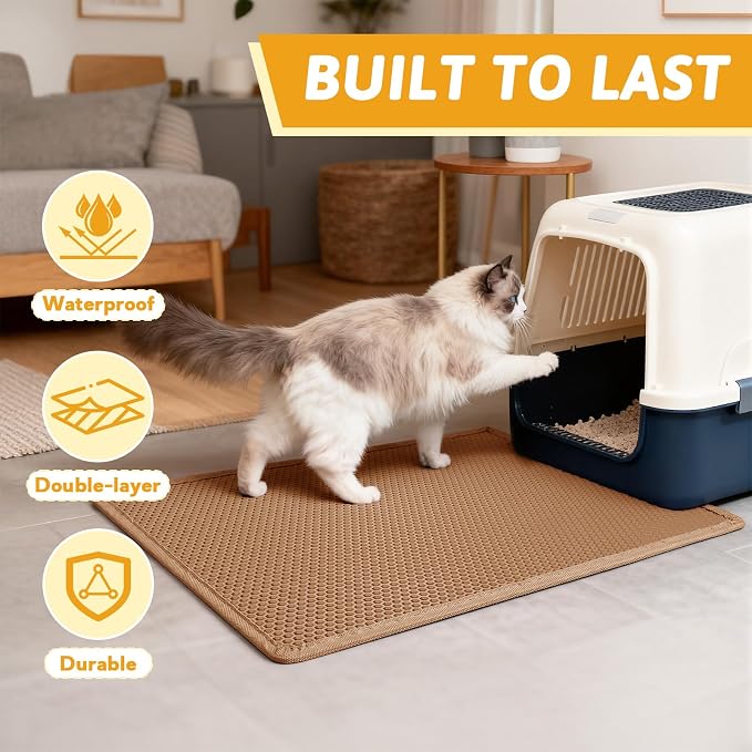 Pieviev Litter Mat, Double-Layer Waterproof Litter Trap, 30" x 24" Brown | Honeycomb Design Catches Scattered Particles to Stop Tracking, Urineproof Base Protects Floors, Easy to Clean - Image 7