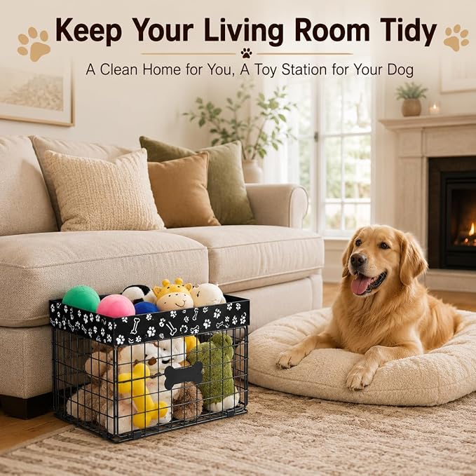 Metal Dog Toy Basket for Living Room, Foldable Dog Toy Storage Bin with Personalized Bone Label, Chew Resistant Pet Toy Organizer Basket, Durable Wire Dog Toy Box for Balls, Ropes, Plush Toys - Image 6