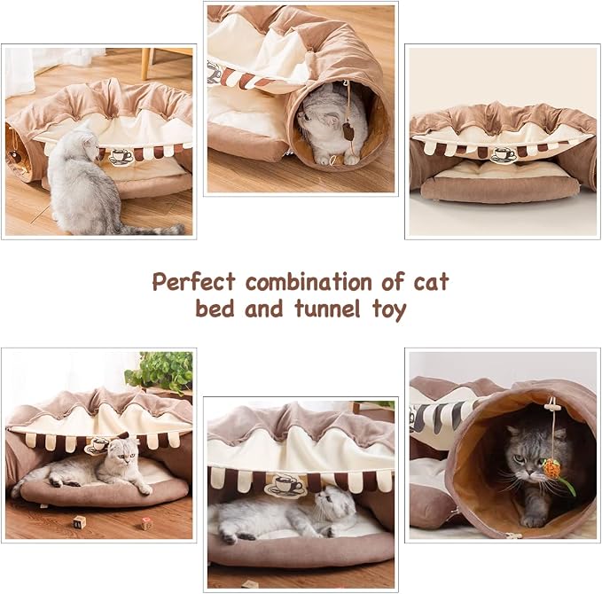 EAEDMY Cat Rabbit Tunnel Bed Nest for Cats Indoor, with Collapsible Washable Soft Cushion, Plush Ball and Exercise Wheel Tube, Fit for Puppy Bunny Kitty Kitten Ferret(2.Coffee) - Image 3