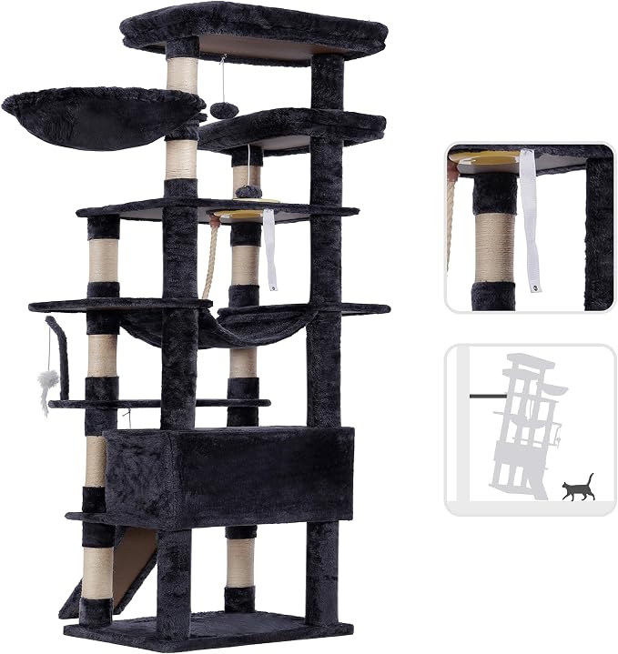 Heybly Tall Cat Tree 78-inch Multi-Level Cat Tower for Indoor Cats HCT033G | Cat Condo with 2 Widened Plush Perches, Multi-Level Cat Furniture with Scratching Board, Big Caves, Smoky Gray - Image 7