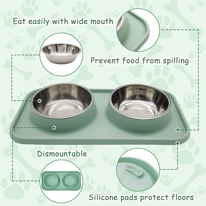 BNOSDM Double Dog Food Bowls Stainless Steel Dog Food and Water Bowls with Non-Spill Plastic Mat Pet Cat Feeder Bowl Set for Puppy Cats Kitten Small Medium Dogs Green - Image 6