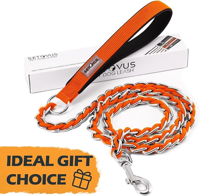 S-ETOVUS-Chain Dog Leash, Bite-Proof Metal Leash, with Padded Handle Orange | Three Sizes 7.25FT/5.2FT/4FT, Woven From Nylon Rope And Chain, Durable And Bite-Resistant, Comfortable With Padded Handles - Image 9