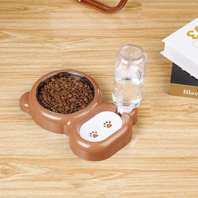 Dog Bowls, Cat Food and Water Bowl Set with Water Dispenser and Stainless Steel Bowl for Cats and Small Dogs - Brown - Image 8
