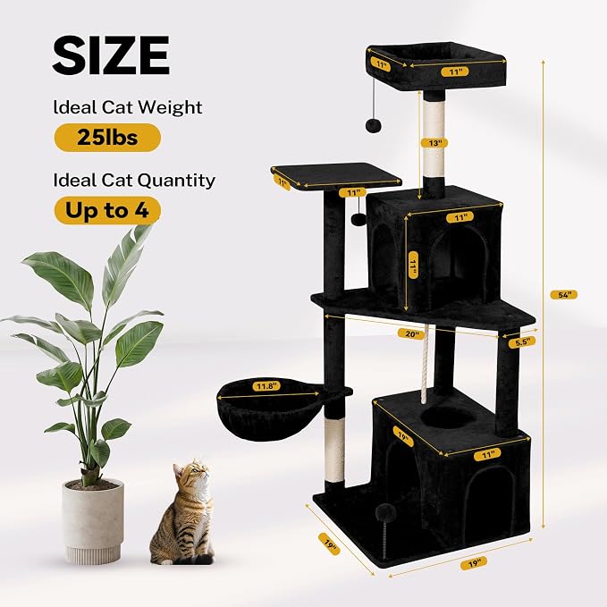 54inch Large Cat Tree Tower Condo with Hammock for Indoor Cats, Soft Plush Multi-Level Climbing Tree Cat House with Cat Cave, Scratching Post, Sisal Rope, Black - Image 2