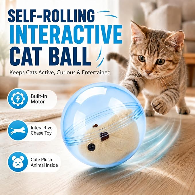 Self Rolling Interactive Cat Ball Smart Cat Ball Toy | 360° Animal Design Automatic Moving Pet Ball, Fun Indoor Interactive Chasing Exercise Toy for Cats and Small Dogs - Image 2