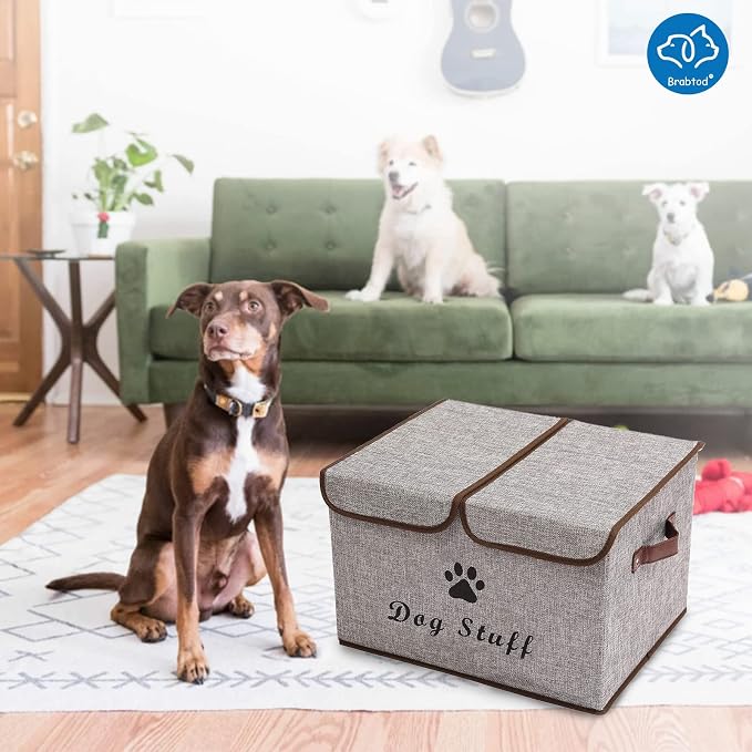 Large Dog Toys Storage Box Canvas Storage Basket Bin Organizer with Lid - Collapsible Linen Bin Ideal for Organizing Dog Cat Toys and pet Stuff-PP Boad-17" x 12" x 10" - Gray - Image 6