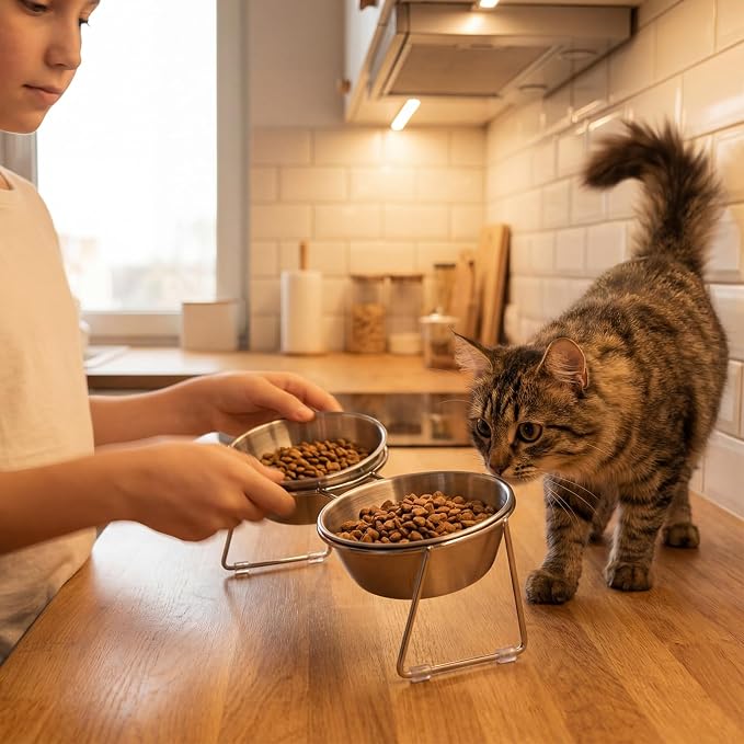2 Set Elevated Cat Bowls 4.53'' Height Raised Stainless Steel Cat Food Bowls Anti-Slip 15° Tilted Stand Shallow Food and Water Dishes for Kitty and Small Puppy (Double Bowl) - Image 6