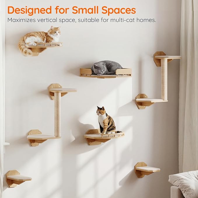 HOOBRO 11 Pcs Cat Wall Shelves for Large Cats up to 25 lb, Wooden Wall-Mounted Cat Shelves Set, Corner Cat Shelf with 2 Arched Platforms, Climbing System with Perche, Scratching Post, Natural NL49CS03 - Image 5