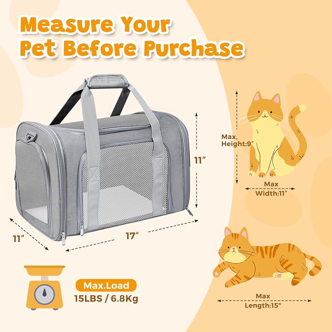 Cat Carrier Soft Up to 16 Lbs, Breathable Pet Travel Bag with Steel Frame | Lockable Zippers, Fits Small Dog, Kitten, and Rabbit,Medium Travel Carrying Case for Kennel Car Airline Transport，Grey - Image 2