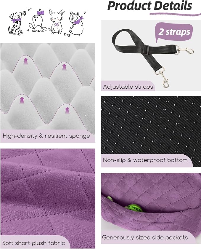 Lealchum Dog Booster Car Seat for Small/Medium Dogs,Puppy Portable Car Bed with Elevated Cushion,Fully Detachable and Washable,2 Storage Pockets,Easy to Install (Purple, Medium) - Image 4